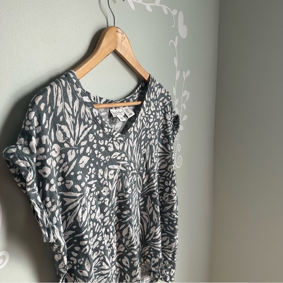 Nicole Miller Linen Tunic L Multicolor Cap Sleeve Oversize Boxy V Neck Summer - Picture 4 of 6